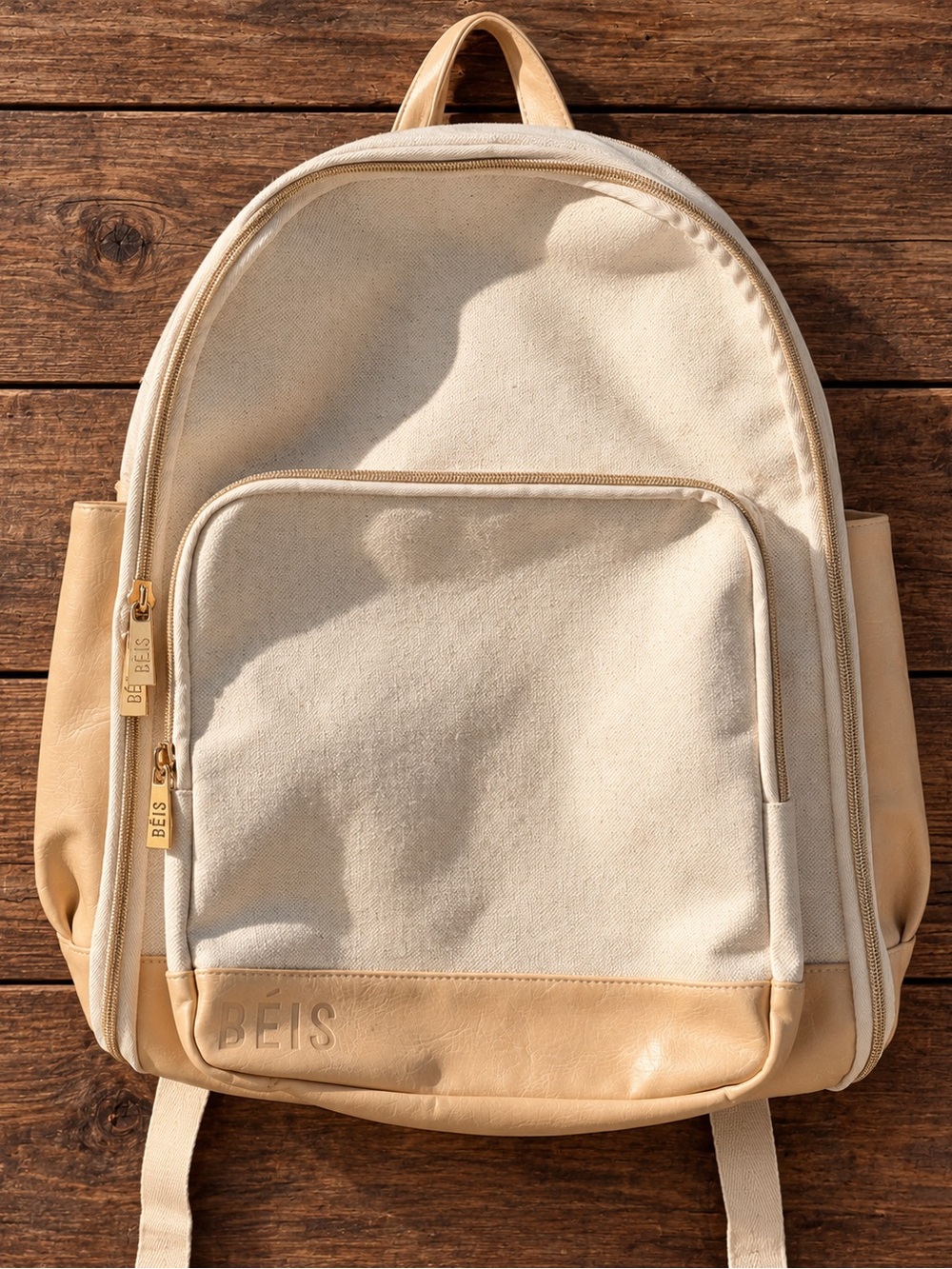BEIS Cream Canvas Backpack with Tan Leather Trim